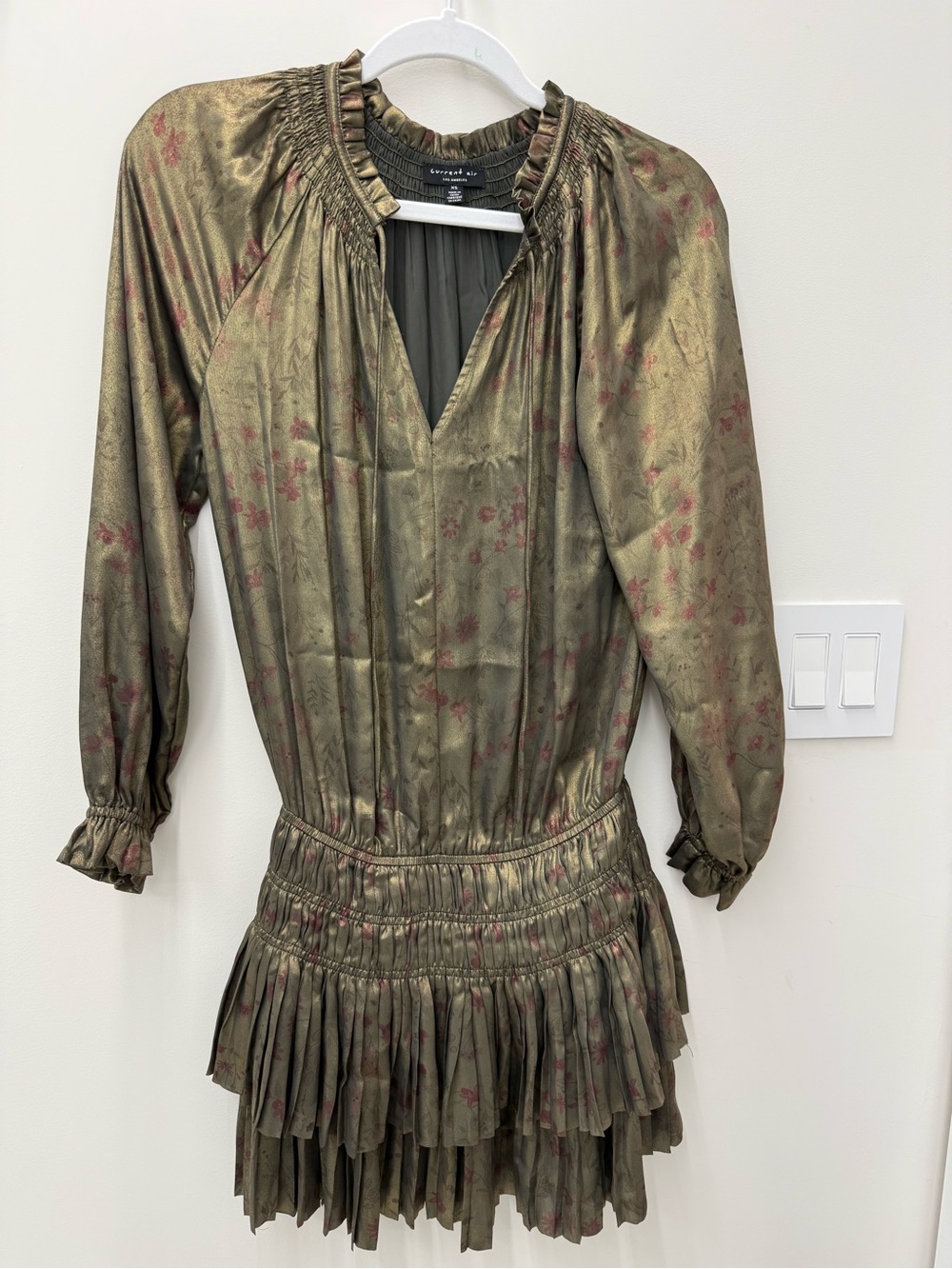 Olive Metallic Floral Long-Sleeve Tiered Mini Dress